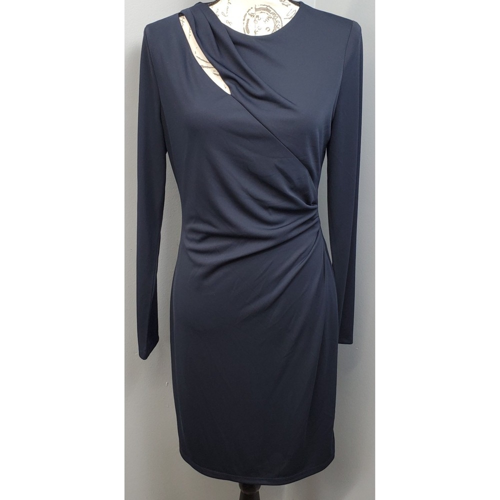 Lauren Ralph Lauren Bodycon Dress Womens 8 Blue Cutout Ruched Party Cocktail